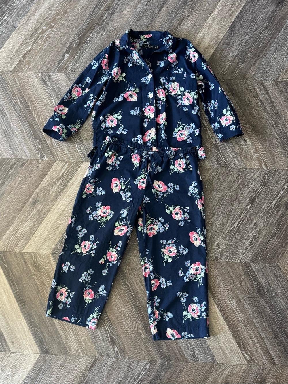 Lauren Ralph Lauren Floral Pajama Set M Blue Pink Crop Pants
